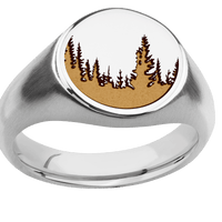 Medium Circle signet ring (14mm) in Palladium Silver, with a Wide style band and a Trees engraving.