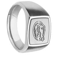 Medium Cushion signet ring (14x14mm) in Palladium Silver, with a Wide style band, a Titanium inlay and a Florida Gator Head engraving.