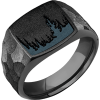 Medium Cushion signet ring (14x14mm) in Zirconium, with a Wide style band and a Trees engraving.