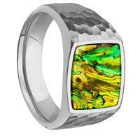 Medium Cushion signet ring (14x14mm) in Titanium, with a Wide style band, a Neon Abalone inlay.