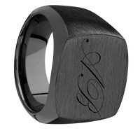 Large Cushion signet ring (18x18mm) in Zirconium, with a Wide style band and a Kunstler Script 2 engraving.