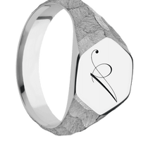 Medium Hexagon signet ring (13.9x12mm) in Titanium, with a Wide style band and a Kunstler Script 1 engraving.