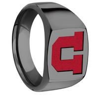 Medium Cushion signet ring (14x14mm) in Zirconium, with a Wide style band and an Utah Block U engraving.
