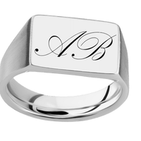 Medium Horizontal Rectangle signet ring (16x11.5mm) in Platinum, with a Wide style band and a Kunstler Script 2 engraving.