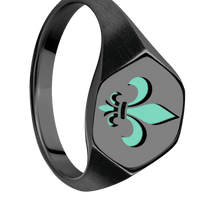 Medium Hexagon signet ring (13.9x12mm) in Zirconium, with a Thin style band and a Fleur De Lis engraving.