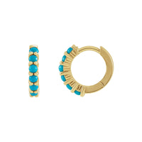 14K Yellow Gold Natural Turquoise Cabochon Hinged 12.2 mm Hoop Earrings