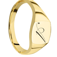 Small Cushion signet ring (10x10mm) in 14K Yellow Gold, with a Thin style band and a Kunstler Script 1 engraving.