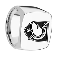 Extra Large Cushion signet ring (22x22mm) in Cobalt Chrome, with a Wide style band and an Army Primary Logo engraving.