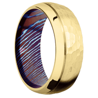14K Yellow Gold + Hammer , Polish Finish + Titanium Damascus