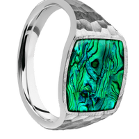 Medium Cushion signet ring (14x14mm) in Palladium Silver, with a Thin style band, a Green Abalone inlay.