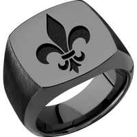 Large Cushion signet ring (18x18mm) in Zirconium, with a Wide style band and a Fleur De Lis engraving.