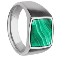 Medium Cushion signet ring (14x14mm) in Titanium, with a Wide style band, a Malachite inlay.