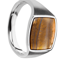 Medium Cushion signet ring (14x14mm) in Palladium Silver, with a Thin style band, a Tigers Eye inlay.