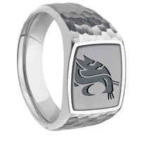 Medium Cushion signet ring (14x14mm) in Palladium Silver, with a Wide style band, a Tantalum inlay and a Washington State Cougar Head engraving.