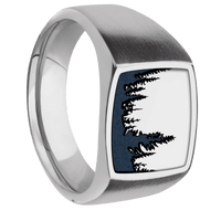 Medium Cushion signet ring (14x14mm) in Titanium, with a Wide style band, a Platinum inlay and a Trees engraving.