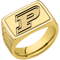 Large Horizontal Rectangle signet ring (20x14.5mm) in 14K Yellow Gold, with a Wide style band, a 18K Yellow Gold inlay and a Purdue Motion P engraving.