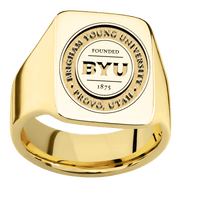 Large Rectangle signet ring (20x14.5mm) in 18K Yellow Gold, with a Wide style band and a Brigham Young Univeristy Seal engraving.