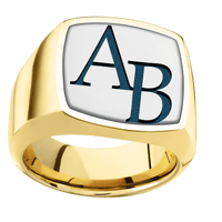 Large Cushion signet ring (18x18mm) in 14K Yellow Gold, with a Wide style band, a 14K White Gold inlay and a Book Antiqua 2 engraving.