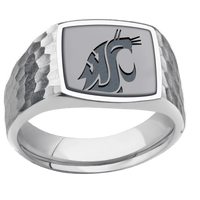 Medium Cushion signet ring (14x14mm) in Palladium Silver, with a Wide style band, a Tantalum inlay and a Washington State Cougar Head engraving.