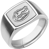 Medium Cushion signet ring (14x14mm) in Palladium Silver, with a Wide style band, a Titanium inlay and a Florida Gator Head engraving.