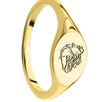 Small Horizontal Oval signet ring (12x9mm) in 14K Yellow Gold, with a Thin style band and a Gonzaga Bulldog Head engraving.