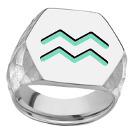 Extra Large Hexagon signet ring (23x20mm) in 18K White Gold, with a Wide style band and an Aquarius engraving.
