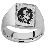 Medium Rectangle signet ring (16x11.5mm) in Platinum, with a Wide style band, a Meteorite inlay and a Florida State Seminole Head engraving.