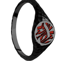 Small Circle signet ring (10mm) in Zirconium, with a Thin style band and an Escher 1 engraving.