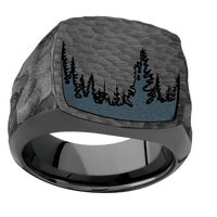 Large Cushion signet ring (18x18mm) in Zirconium, with a Wide style band and a Trees engraving.