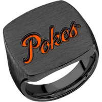 Extra Large Cushion signet ring (22x22mm) in Zirconium, with a Thin style band and an Oklahoma State Script Filled-in Pokes engraving.
