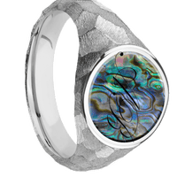 Medium Circle signet ring (14mm) in Palladium Silver, with a Wide style band, an Abalone inlay and a Kunstler Script 2 engraving.