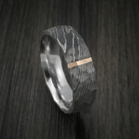 Damascus Steel Men's Ring with Rock Hammer Finish and Vertical 14k Rose Gold Inlay Custom Made Band