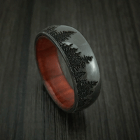 Black Titanium or Black Zirconium Custom Men's Ring with Pine Tree Design & Hardwood Sleeve