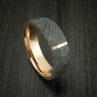 Damascus Steel Hammered Men's Ring with 14K Rose Gold Inlay and Sleeve Custom Made Band
