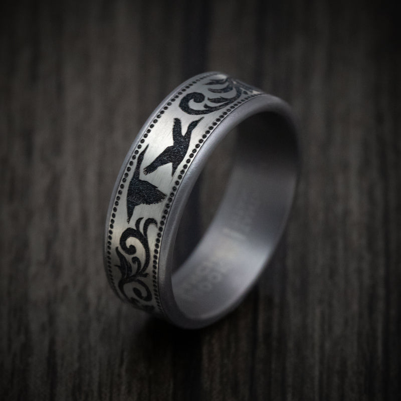 Tantalum and Black Titanium Flying Duck and Script Pattern Ring