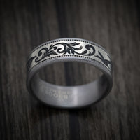 Tantalum and Black Titanium Flying Duck and Script Pattern Ring