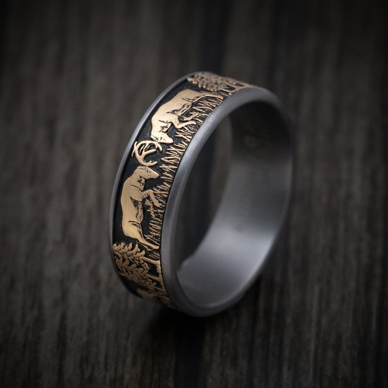Tantalum and 14K Gold Deer Fight Design Pattern Ring