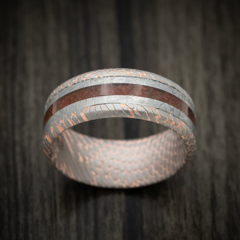 Superconductor Men's Ring with Gibeon Meteorite and Dinosaur Bone Inlays Custom Made Band