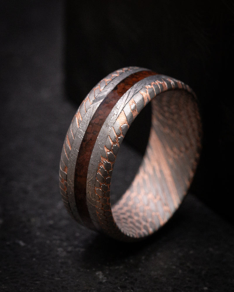 Superconductor Men's Ring with Gibeon Meteorite and Dinosaur Bone Inlays Custom Made Band
