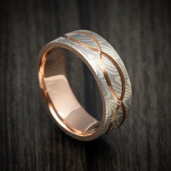 14K White Gold and Silver Mokume Gane Men's Ring with Rose Gold Sleeve and Infinity Inlay