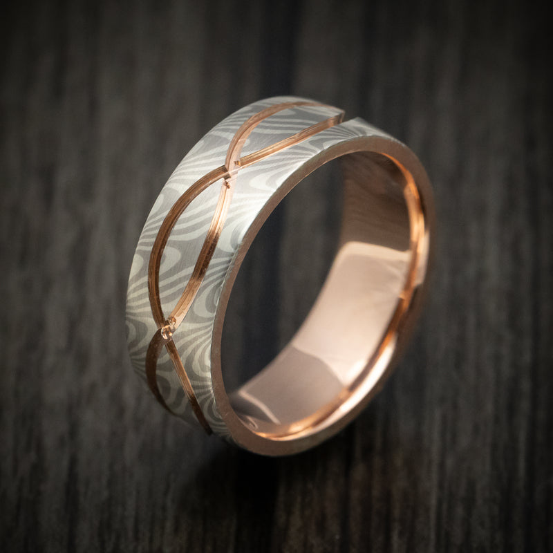 14K White Gold and Silver Mokume Gane Men's Ring with Rose Gold Sleeve and Infinity Inlay