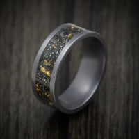 Tantalum Men's Ring with Black Sand with Gold and Meteorite Flakes Inlay