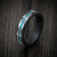 Black Ceramic Men's Ring with Antler and Turquoise Inlays