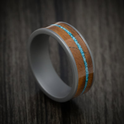 Tungsten Men's Ring with Wood and Turquoise Inlays