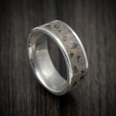 Damascus Steel Men's Ring Tan Sand and Black Dinosaur Bone with Gold Flakes Inlay