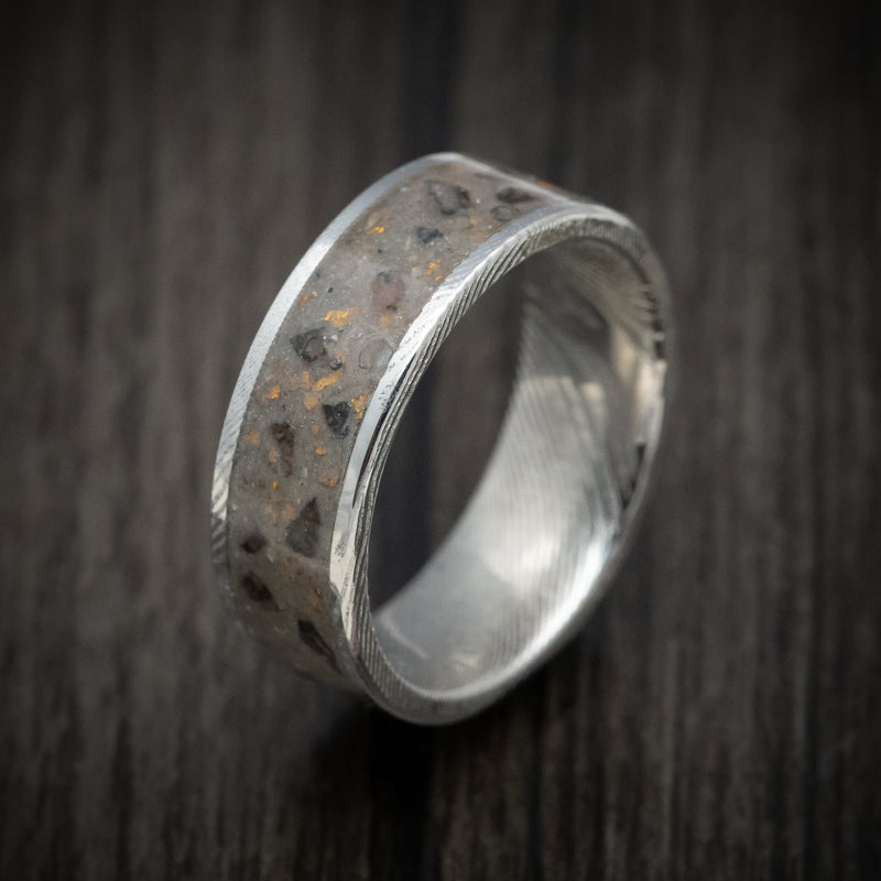 Damascus Steel Men's Ring Tan Sand and Black Dinosaur Bone with Gold Flakes Inlay