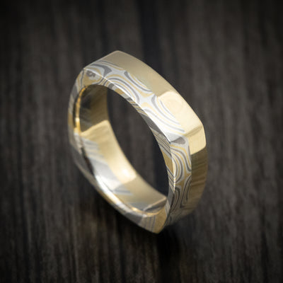 Yellow Gold White Gold and Silver Mokume Gane Custom Made Square Men's Ring