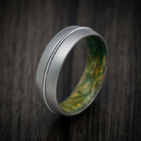 Cobalt Chrome Men's Ring with Guitar String Inlay and Green Burl Wood Sleeve