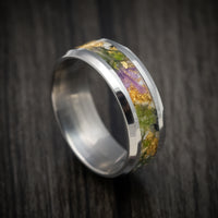 Titanium Men's Ring with Purple Flowers, Moss and Gold Flake Inlay