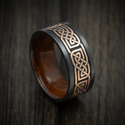 Black Titanium or Black Zirconium Custom Men's Ring with 14K Gold Celtic Knot and Wood Sleeve